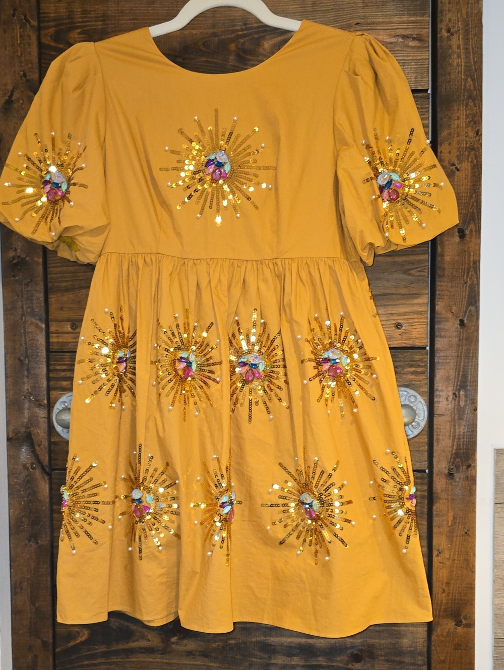 QUEEN OF SPARKLES Mustard Yellow Sequin Sunburst Mini Dress